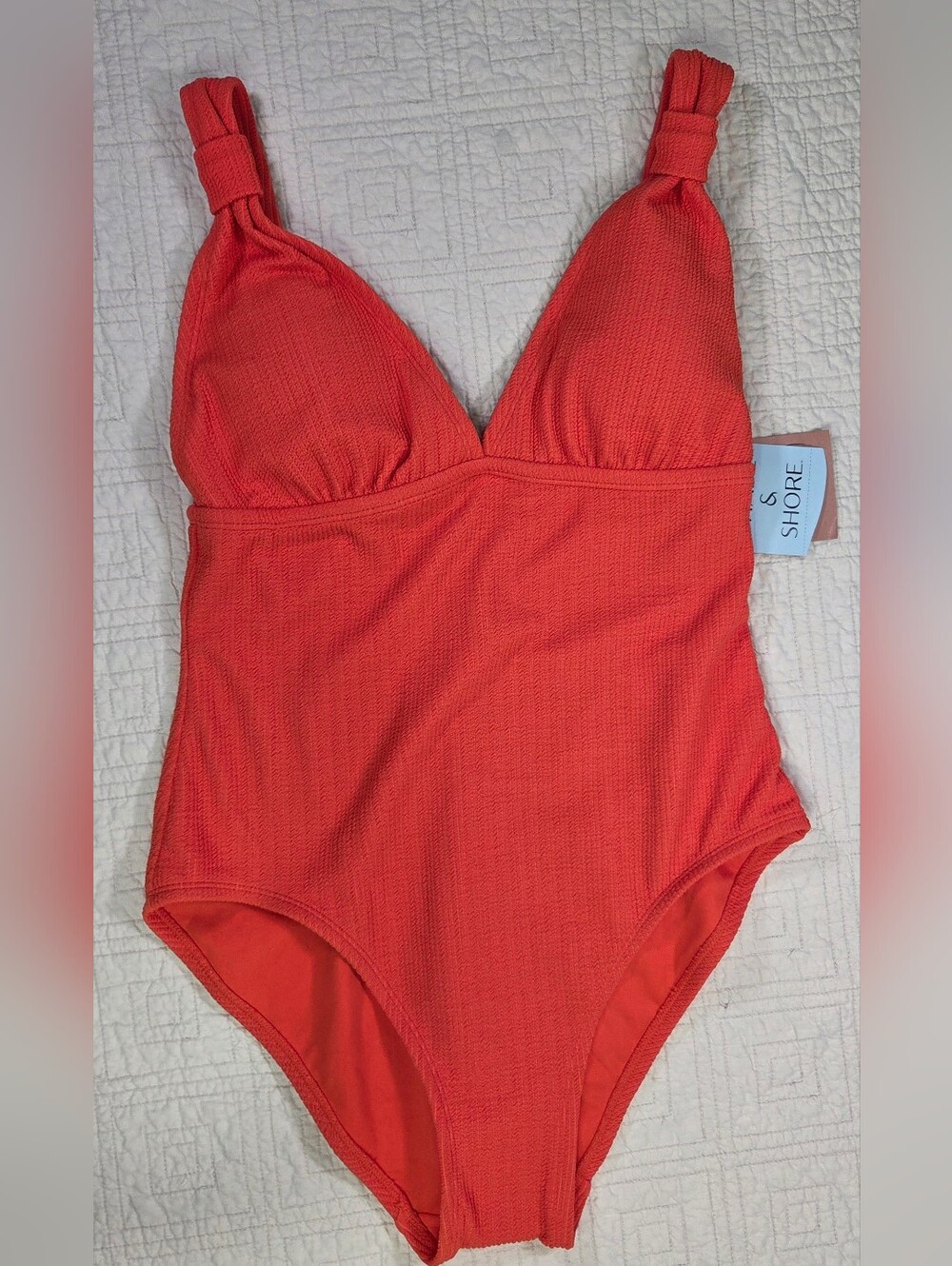 NWT Shade & Shore Orange Textured Ribbed V-Neck One-Piece Swimsuit Size M - Picture 2 of 13